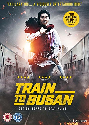A man carries a young girl between two trains on this movie cover.