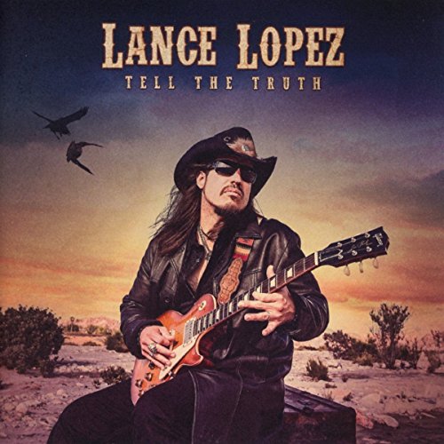 "Album cover featuring Lance Lopez playing guitar in a desert landscape at sunset."