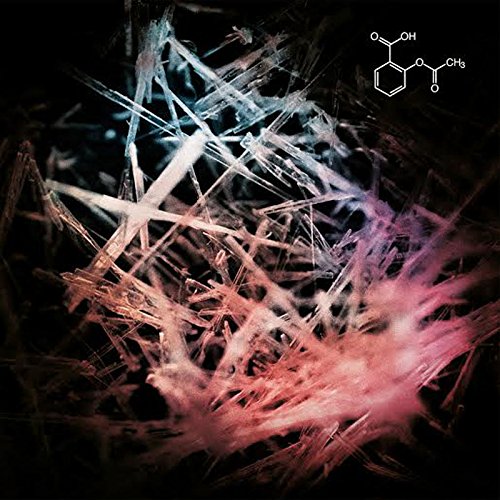 A vinyl record cover featuring abstract, colorful crystal-like structures and a chemical compound diagram.