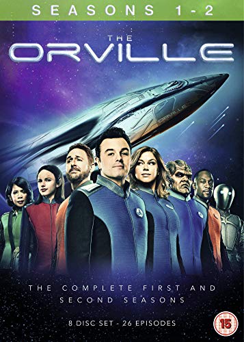 DVD cover for The Orville seasons one and two featuring the cast and spaceship.