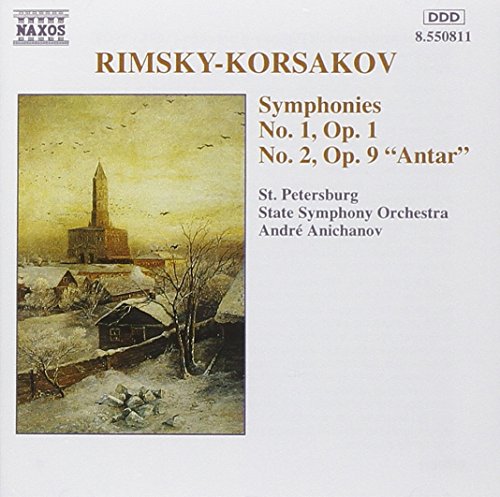 "CD cover with winter landscape painting and text about Rimsky-Korsakov symphonies."