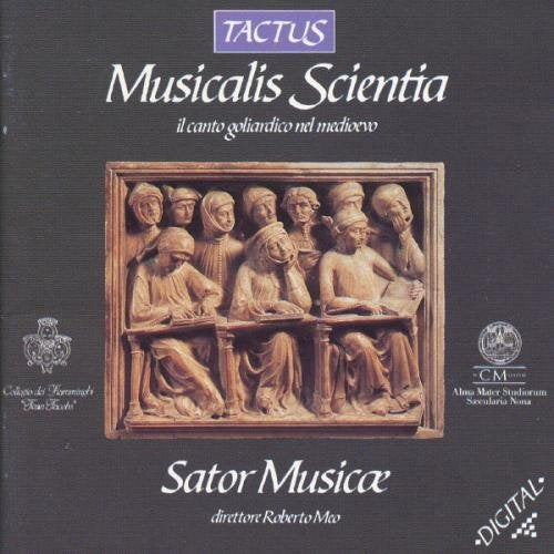 CD cover with medieval carving of monks at a table on dark background.