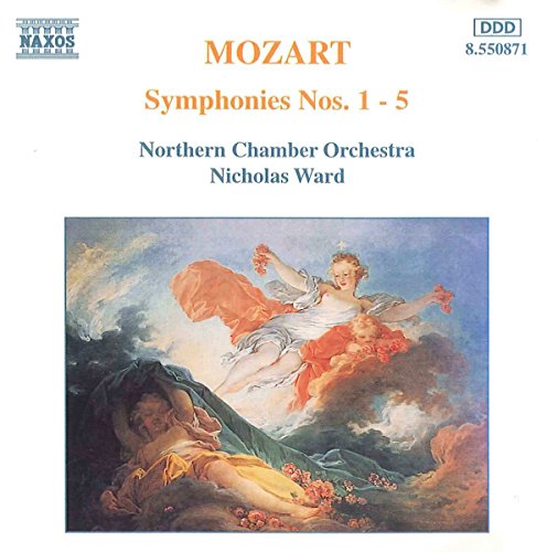 The image shows a CD cover featuring a classical painting and text. The alt text is: "CD cover with classical painting and Mozart symphony information."
