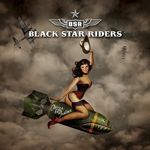 Album cover with pin-up girl on a bomb, planes in cloudy background.