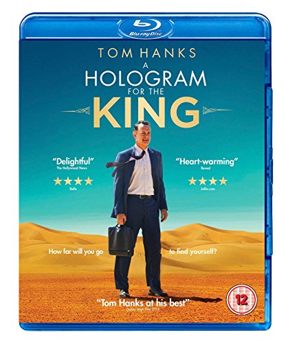 Blu-ray cover for "A Hologram For The King" featuring Tom Hanks in a desert.