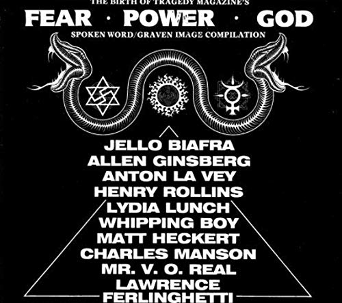 Black album cover with white text and symbols, featuring artist names and "Fear Power God".