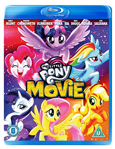My Little Pony The Movie" Blu-ray cover featuring colorful cartoon ponies.