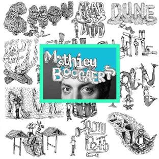 CD cover featuring a central photo of a man surrounded by surreal line drawings.