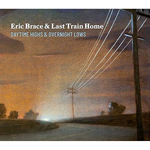 "Album cover with a road and power lines at dusk, painted landscape."
