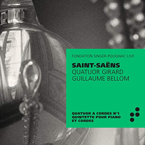 A black-and-white chandelier with a green text box overlay displaying album information.