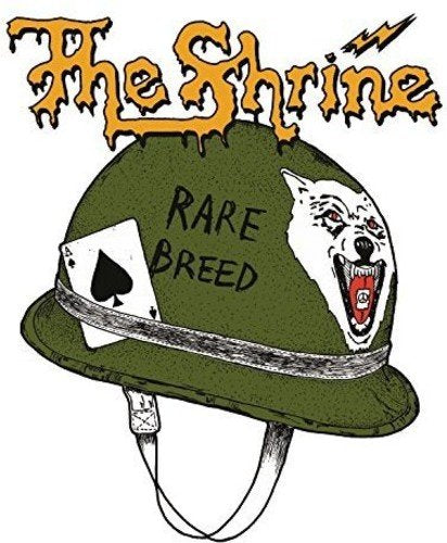 "Album cover art: green helmet with playing card and snarling dog, titled 'The Shrine'."