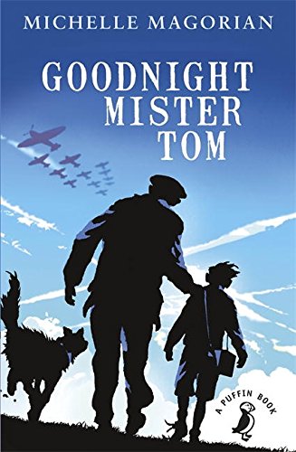 "Book cover with title 'Goodnight Mister Tom' and silhouettes of man, child, and dog."