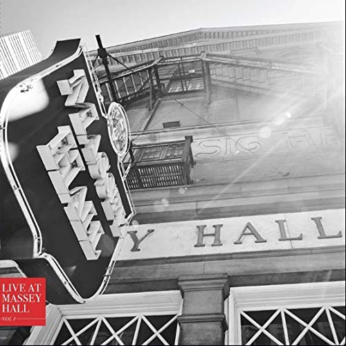 Black and white photo of Massey Hall’s marquee, vinyl record cover.
