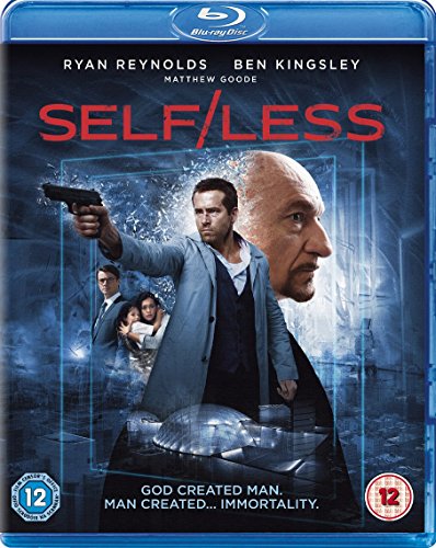 Self/less" Blu-ray cover featuring Ryan Reynolds and Ben Kingsley, action scene.