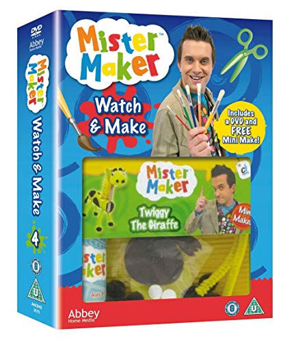 "Mister Maker DVD box with craft kit and man holding paintbrushes."