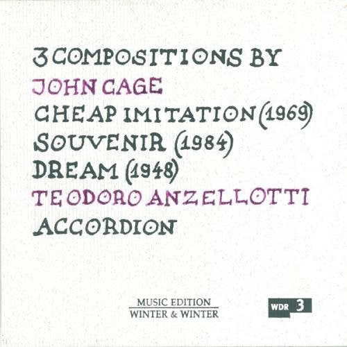A CD case with a white cover featuring text about John Cage's compositions.