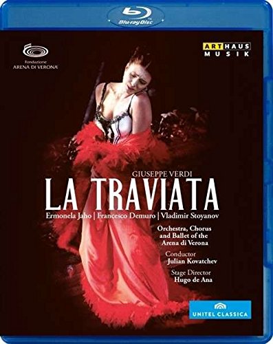 Blue-ray case cover for Verdi's "La Traviata" featuring a woman in a red dress.