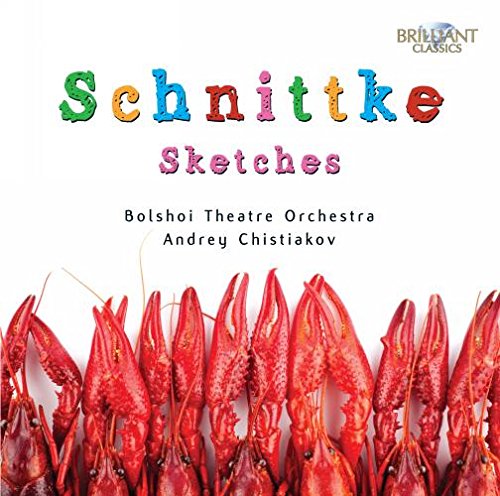 "CD cover with red crayfish and multicolored 'Schnittke Sketches' text on a white background."