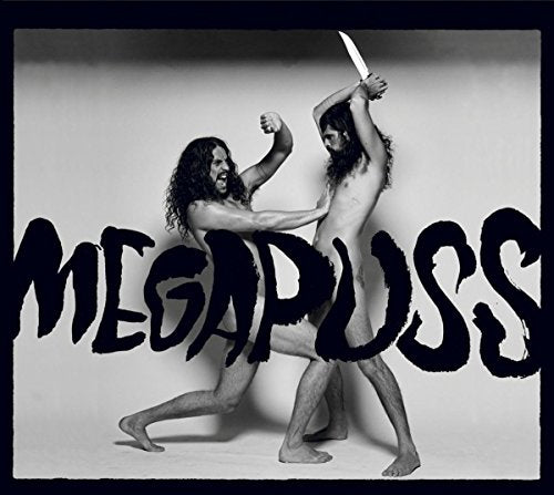 "Album cover with two nude men fighting, one holding a knife, 'Megapuss' written across."