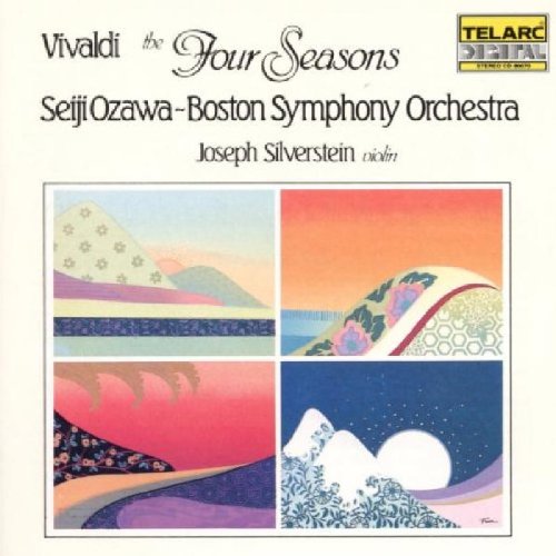 The image depicts a CD cover for Vivaldi's "The Four Seasons" featuring the Boston Symphony Orchestra. The cover showcases a white background with a central square divided into four quadrants, each containing a distinct landscape illustration. The title and artist information are displayed prominently at the top. For accessibility purposes, a concise alt text could be: "CD cover with four landscape illustrations and title 'Vivaldi: The Four Seasons'."