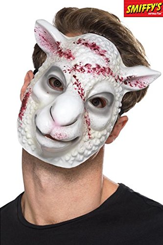 Man wearing a white sheep mask with red splatters on a plain white background.