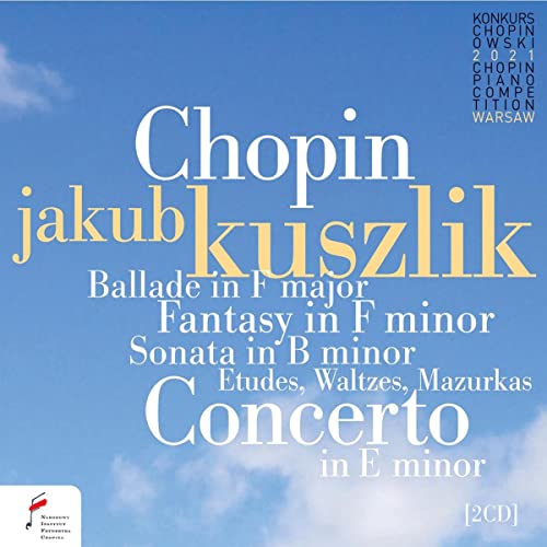 CD cover for Jakub Kuszlik’s Chopin piano works against a blue sky.