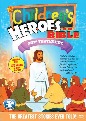 DVD cover: Jesus with children, colorful animated style, New Testament stories.