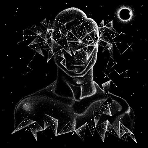 Black and white illustration of a head composed of stars and geometric shapes.
