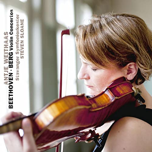Woman playing violin, album cover for Beethoven & Berg violin concertos.