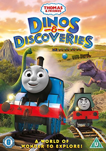 "DVD cover featuring Thomas the Tank Engine and a dinosaur in a prehistoric landscape."