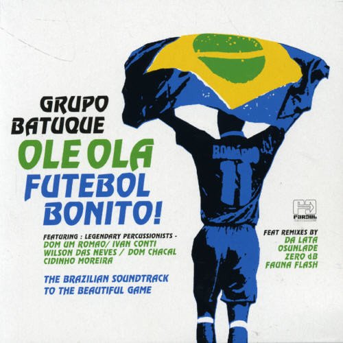 "CD cover art featuring a soccer player wrapped in the Brazilian flag."