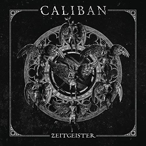Black and white album cover with angelic figures in a circular design.