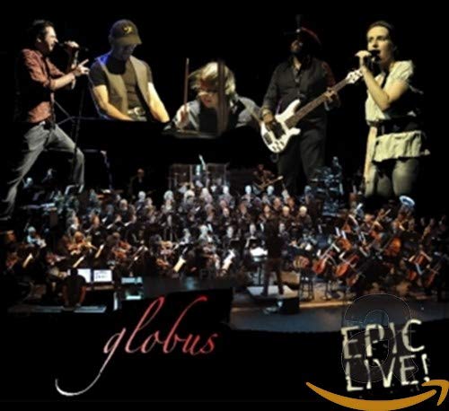 Live concert image of Globus band with orchestra, album cover art.