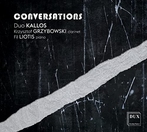 CD cover for "Conversations" by Duo Kallos, featuring clarinet and piano.