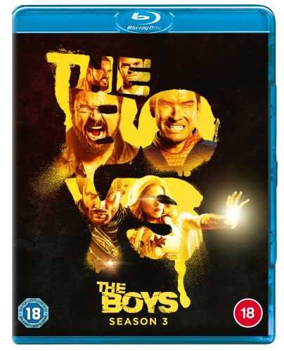 Blu-ray cover for The Boys Season 3 featuring character portraits in yellow silhouette.
