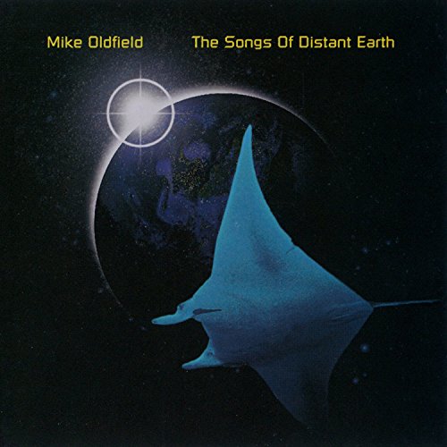 "Mike Oldfield's album cover featuring a blue manta ray in space near a planet."