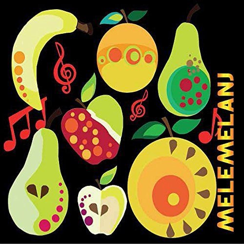 "Album cover with colorful fruit illustrations and musical notes on a black background."