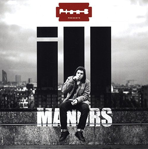 Black and white album cover with man sitting on a rooftop ledge, cityscape behind.