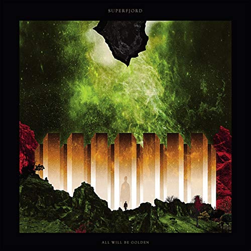 A vinyl album cover with a surreal landscape and glowing pillars.