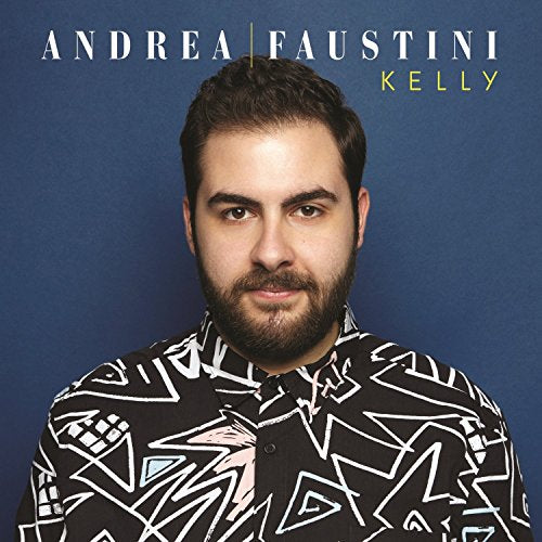 Andrea Faustini's album cover featuring a man with a patterned shirt against a blue background.
