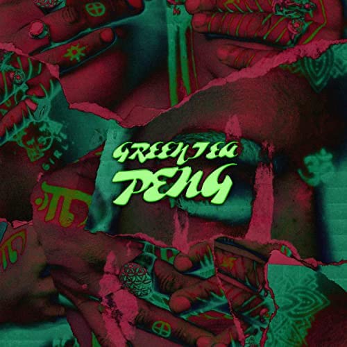 Collage of tattooed hands in pink and green with Green Tea Peng text overlay.