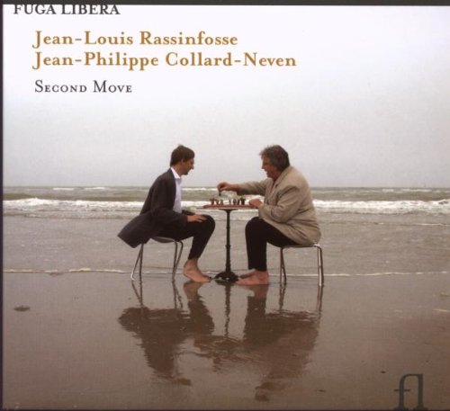 "CD cover featuring two men playing chess on a beach, wet sand reflecting their image."