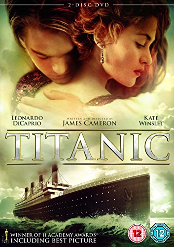 Titanic DVD cover featuring Leonardo DiCaprio and Kate Winslet with the ship below.