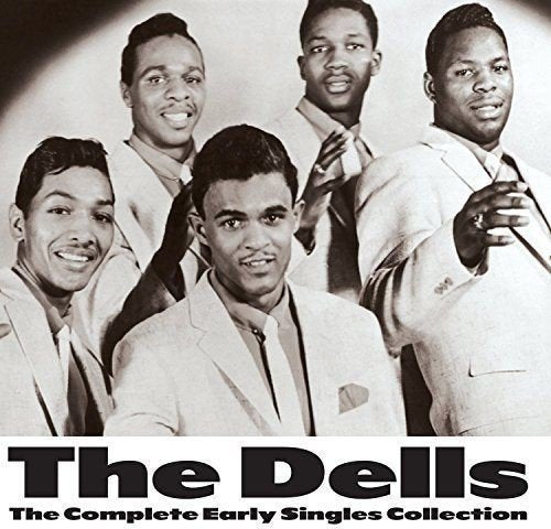 Black and white album cover featuring The Dells, a group of five men in suits.