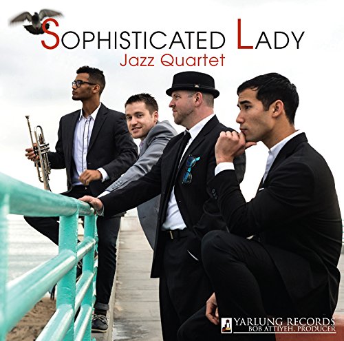 "CD cover featuring four men in suits standing on a pier."