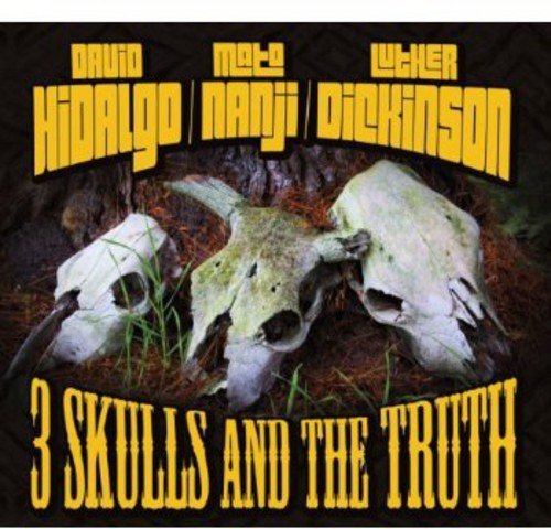 "Album cover with three animal skulls and yellow text on a black background."