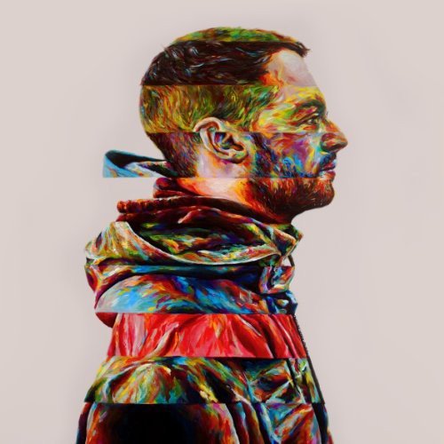 Colorful, fragmented portrait of a man in profile, album artwork.