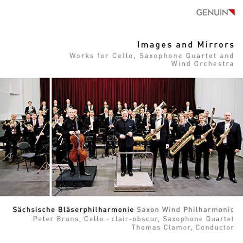 "CD cover featuring a wind orchestra and soloists on stage, dressed in formal attire."
