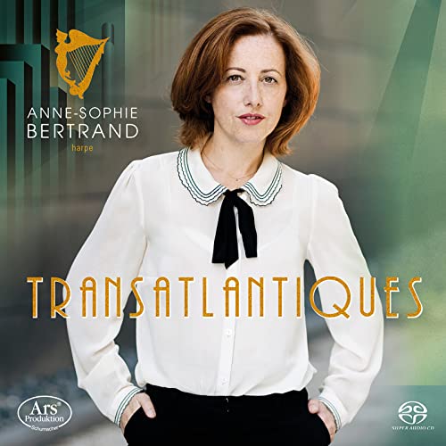 CD cover featuring harpist Anne-Sophie Bertrand in a white blouse.