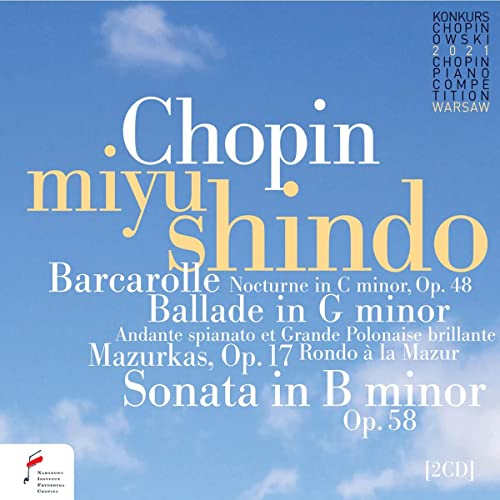 CD cover for Miyu Shindo performing Chopin's piano works, blue background.